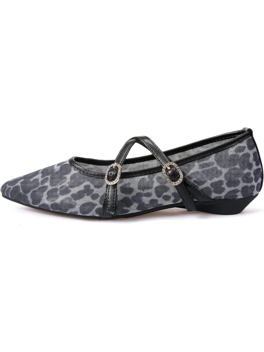 Women's Black Leopard Mesh Flats Cross Ankle Strap Flat Slip On Comfortable